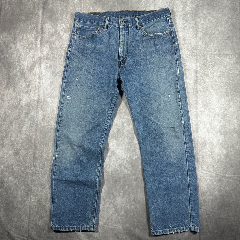 Levi's 505 Regular Fit Straight Leg Jeans Mens 36x30 Medium Wash Blue Distressed